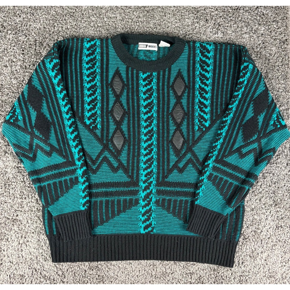 Vintage 90s Urban Works Teal Black Geometric Leather Trim Acrylic Sweater Mens M